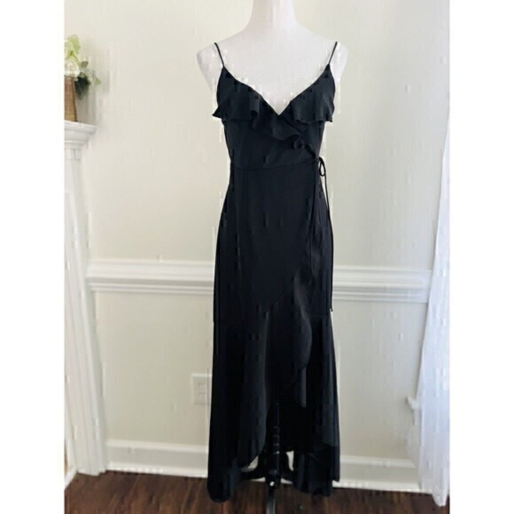 POLLY Black Chiffon Flowy Ruffled Lightweight Wrap Dress Medium
